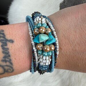 Blue Beadwork Memory Wire Wrap Bracelet